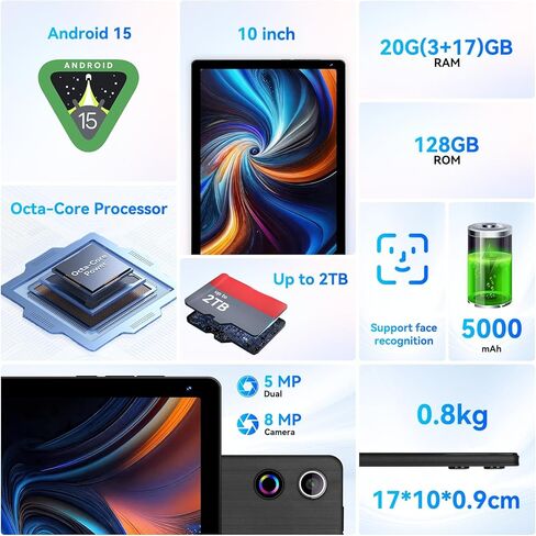 ZOFYWNAS Tablet, Android 15 Tablet 10 Inch, 20GB+128GB+2TB, 8-Core HD Display, 5000mAh Battery,Dual Camera, Face ID, Slim Lightweight,Black in Kuwait