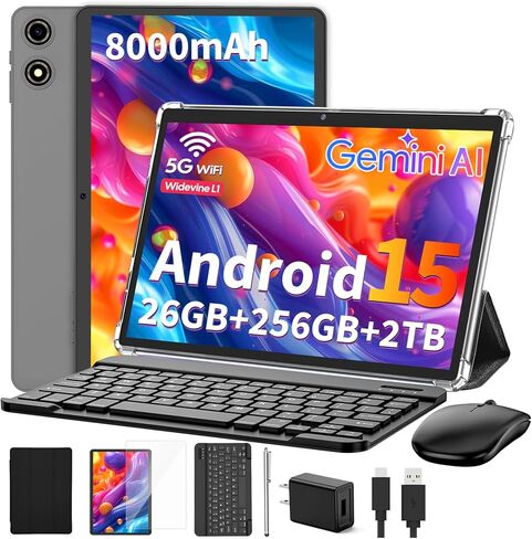 Suicoey 2026 Tablet with Keyboard, 26GB + 256GB (2TB Expand), 10 inch Android 15 Tablets with Octa Core, Gemini AI, 5G WiFi, 8000mAh, BT 5.0, 2 in 1 AI Tablet with Case, Mouse, Stylus (Black Case) in Saudi Arabia