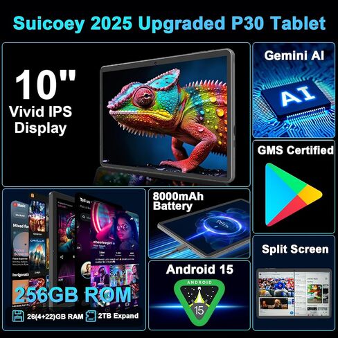 Suicoey 2026 Tablet with Keyboard, 26GB + 256GB (2TB Expand), 10 inch Android 15 Tablets with Octa Core, Gemini AI, 5G WiFi, 8000mAh, BT 5.0, 2 in 1 AI Tablet with Case, Mouse, Stylus (Black Case) in Saudi Arabia