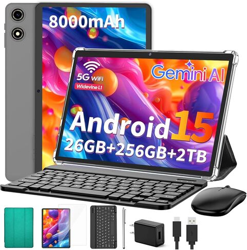 Suicoey 2026 Tablet with Keyboard, 26GB + 256GB (2TB Expand), 10 inch Android 15 Tablets with Octa Core, Gemini AI, 5G WiFi, 8000mAh, BT 5.0, 2 in 1 AI Tablet with Case, Mouse, Stylus (Black Case) in Saudi Arabia