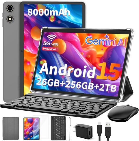 Suicoey 2026 Tablet with Keyboard, 26GB + 256GB (2TB Expand), 10 inch Android 15 Tablets with Octa Core, Gemini AI, 5G WiFi, 8000mAh, BT 5.0, 2 in 1 AI Tablet with Case, Mouse, Stylus (Black Case) in Saudi Arabia