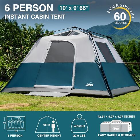 6 Person Instant Camping Tent with Rainfly, 60s Easy Setup Family Cabin Tent 10x9ft, 1200mm Waterproof & Skylight Ventilation, Portable Shelter for Outdoor Camping, Hiking, Backyard in Saudi Arabia
