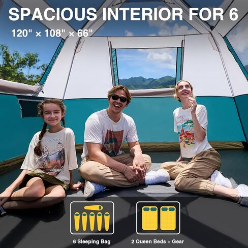 6 Person Instant Camping Tent with Rainfly, 60s Easy Setup Family Cabin Tent 10x9ft, 1200mm Waterproof & Skylight Ventilation, Portable Shelter for Outdoor Camping, Hiking, Backyard in Saudi Arabia