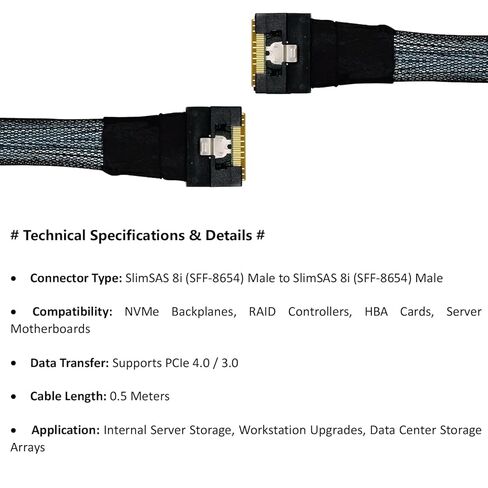 SlimSAS 8i to 8i Cable, Internal Mini SAS HD to SlimSAS X8 Adapter 0.5M, High-Speed Connector for NVMe RAID Controller Card Server Storage in Kuwait