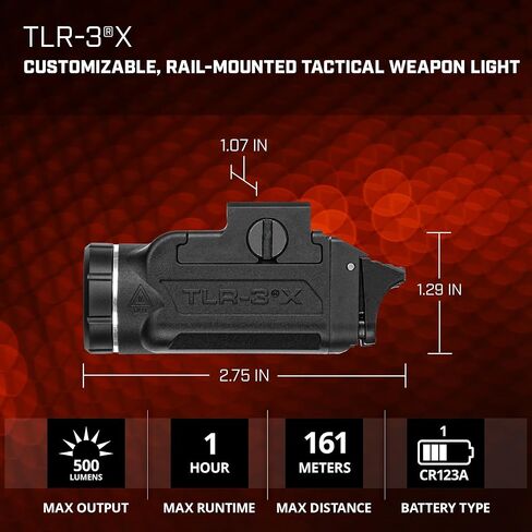 Streamlight 59102 TLR-3X ضوء سلاح تكتيكي 500 لومن 6500-كانديلا USB قابل لإعادة الشحن ومصباح LED مثبت على السكك الحديدية، متوافق مع مسدسات نحيفة مختارة 1913، أسود in Saudi Arabia