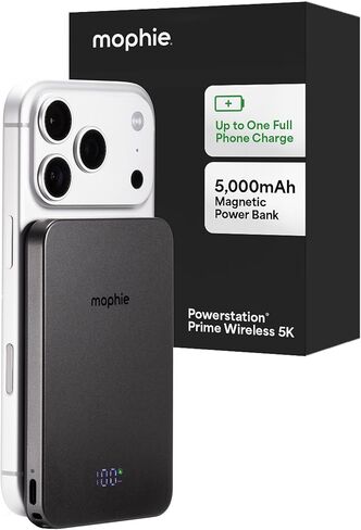 Mophie Powerstation Prime Wireless 5K Power Bank - Magnetic Wireless Portable Charger 5,000mAh Internal Battery External Battery Pack Slim Profile Travel Power Bank with Hidden Digital Display - Gray in Saudi Arabia