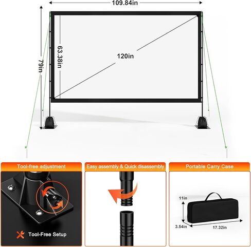 Outdoor Projector Screen with Stand, TWjouko 120inch Portable Movie Screen with Carry Bag, Sandbag,16:9 Washable Cloth Screen for Backyard, Camping, Travel, Home Theater, Indoor Projection Screen in Saudi Arabia