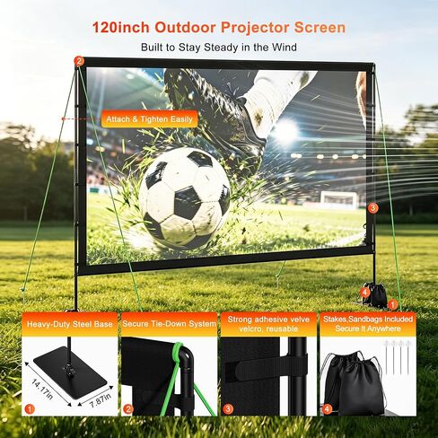 Outdoor Projector Screen with Stand, TWjouko 120inch Portable Movie Screen with Carry Bag, Sandbag,16:9 Washable Cloth Screen for Backyard, Camping, Travel, Home Theater, Indoor Projection Screen in Saudi Arabia