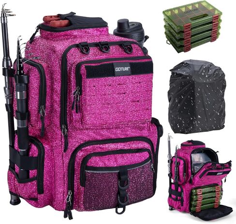 Goture Fishing Backpack with 4 Tackle Boxes,900D Water-Resistant Tackle Backpack with Rod Holders,45L Large Fishing Bag Storage Gear Tackle Bag with Rain Cover,Bottle Holder for Travel Camping Hiking in Saudi Arabia