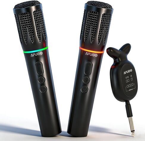 Rechargeable Wireless Microphones & Bluetooth Dual-Mics Receiver for Karaoke, Singing, Speech, DJ, 24H Battery, 200ft, RGB Light, Wireless Microphone Set for Mic/Aux/USB Port (Dual Mic, Black) in Saudi Arabia