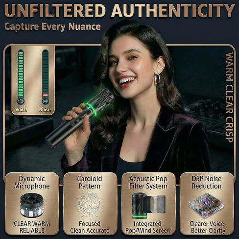 Rechargeable Wireless Microphones & Bluetooth Dual-Mics Receiver for Karaoke, Singing, Speech, DJ, 24H Battery, 200ft, RGB Light, Wireless Microphone Set for Mic/Aux/USB Port (Dual Mic, Black) in Saudi Arabia