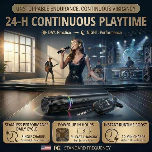 Rechargeable Wireless Microphones & Bluetooth Dual-Mics Receiver for Karaoke, Singing, Speech, DJ, 24H Battery, 200ft, RGB Light, Wireless Microphone Set for Mic/Aux/USB Port (Dual Mic, Black) in Saudi Arabia