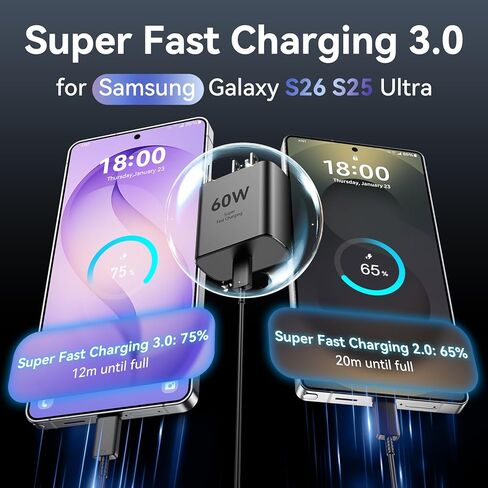 60W USB C Super Fast Charger Type C Android Phone Charger Fast Charging Block with 10ft USB-C to USB-C Cord Compatible with Samsung Galaxy S26 Ultra/S26/S26+/S25/S25 Ultra/S25+/S24, MacBook, iPad in Saudi Arabia