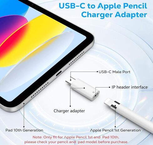 محول قلم USB C مصمم لقلم A-pp-le من الجيل الأول، متوافق فقط مع Pad 10th /11th A16 2025 Gen، ومحول شحن قلم رصاص USB-C إلى IP، ودعم الشحن والاتصال in Saudi Arabia