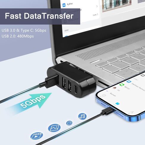 USB 3.0 Hub Splitter Extender, Multi-Port USB 3.0 Adapter[90°/180° Degree Rotatable], 4 in 1 USB Hub with 3 USB Ports and 1 USB C Port for Laptop, Car, MacBook Pro/Air, Keyboard, Printer, Mouse in Saudi Arabia
