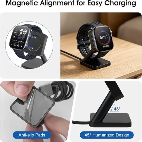 حامل شحن مغناطيسي متوافق مع ساعة Amazfit GTR 3 / GTR 3 Pro/GTR 4، GTS 3 / GTS 4، Active 2، Bip 6 الذكية، قاعدة شاحن سطح المكتب مع كابل USB A بطول 3.3 قدم، قاعدة مضادة للانزلاق in Kuwait