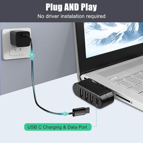 USB 3.0 Hub Splitter Extender, Multi-Port USB 3.0 Adapter[90°/180° Degree Rotatable], 4 in 1 USB Hub with 3 USB Ports and 1 USB C Port for Laptop, Car, MacBook Pro/Air, Keyboard, Printer, Mouse in Saudi Arabia