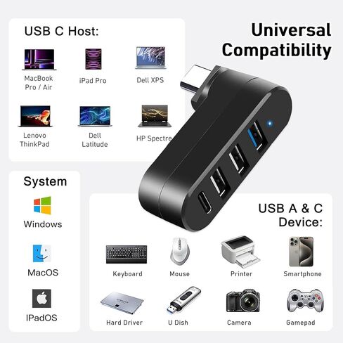 USB 3.0 Hub Splitter Extender, Multi-Port USB 3.0 Adapter[90°/180° Degree Rotatable], 4 in 1 USB Hub with 3 USB Ports and 1 USB C Port for Laptop, Car, MacBook Pro/Air, Keyboard, Printer, Mouse in Saudi Arabia