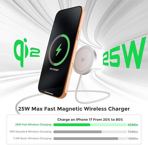 شاحن لاسلكي مغناطيسي 25 وات: قاعدة شحن سريعة Qi2.2 Qi2 لأجهزة iPhone 17 16 15 14 13 12 Pro Max، وSamsung Galaxy S26 S25، وGoogle Pixel 10، وAirPods-Slim المحمولة للمكتب بجانب السرير والسفر - أبيض، عبوتان in Kuwait