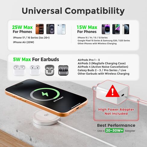 شاحن لاسلكي مغناطيسي 25 وات: قاعدة شحن سريعة Qi2.2 Qi2 لأجهزة iPhone 17 16 15 14 13 12 Pro Max، وSamsung Galaxy S26 S25، وGoogle Pixel 10، وAirPods-Slim المحمولة للمكتب بجانب السرير والسفر - أبيض، عبوتان in Kuwait