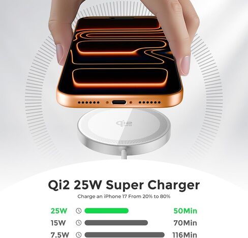 شاحن لاسلكي مغناطيسي 25 وات: قاعدة شحن سريعة Qi2.2 Qi2 لأجهزة iPhone 17 16 15 14 13 12 Pro Max، وSamsung Galaxy S26 S25، وGoogle Pixel 10، وAirPods-Slim المحمولة للمكتب بجانب السرير والسفر - أبيض، عبوتان in Kuwait