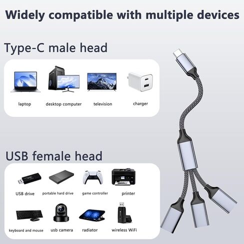 USB C to USB OTG cable adapter, C-type male to 3 USBA female splitters, with fast charging and data transfer OTG function, Thunderbolt 3 multi port hub, suitable for laptops MacBook、Phone 17 16 15、Pad in Saudi Arabia