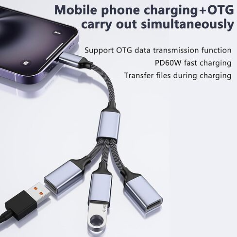 USB C to USB OTG cable adapter, C-type male to 3 USBA female splitters, with fast charging and data transfer OTG function, Thunderbolt 3 multi port hub, suitable for laptops MacBook、Phone 17 16 15、Pad in Saudi Arabia