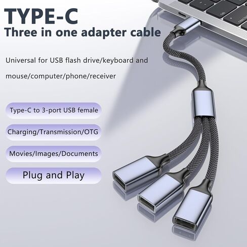 USB C to USB OTG cable adapter, C-type male to 3 USBA female splitters, with fast charging and data transfer OTG function, Thunderbolt 3 multi port hub, suitable for laptops MacBook、Phone 17 16 15、Pad in Saudi Arabia