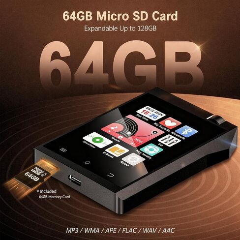 مشغل MP3 سعة 64 جيجابايت مع بلوتوث 5.3، مشغل MP3 بلوتوث مع شاشة لمس 2.8 بوصة، مشغل موسيقى رقمي مع مسجل صوت HiFi، ومقابس سماعة رأس مزدوجة، يدعم ما يصل إلى 128 جيجابايت للعدائين الرياضيين in Kuwait