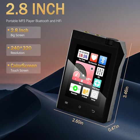 مشغل MP3 سعة 64 جيجابايت مع بلوتوث 5.3، مشغل MP3 بلوتوث مع شاشة لمس 2.8 بوصة، مشغل موسيقى رقمي مع مسجل صوت HiFi، ومقابس سماعة رأس مزدوجة، يدعم ما يصل إلى 128 جيجابايت للعدائين الرياضيين in Kuwait