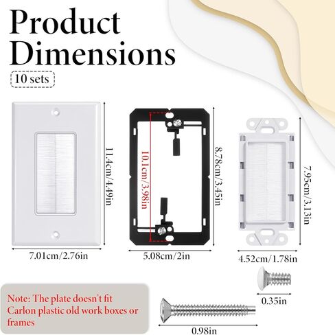 10 Pack Brush Wall Plate with Low Voltage Mounting Bracket, Cable Pass Through Insert Single Gang Wall Cover, Single Gang Cable Access Strap, Cord Hider for TV Home Theater System - White in Saudi Arabia