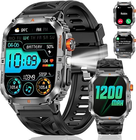 Military Smarty Watch for Men, 2.01" Smartwatch with 1200mAh Battery, Flashlight, Answer/Make Calls, Heart Rate/Sleep Monitor 100+ Sport Modes Fitness Tracker for Android/iPhone in Saudi Arabia