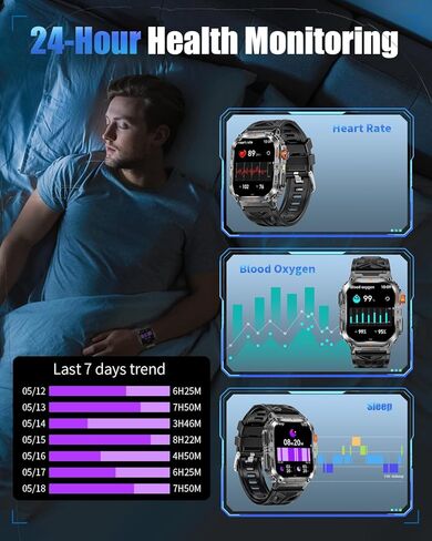 Military Smarty Watch for Men, 2.01" Smartwatch with 1200mAh Battery, Flashlight, Answer/Make Calls, Heart Rate/Sleep Monitor 100+ Sport Modes Fitness Tracker for Android/iPhone in Saudi Arabia