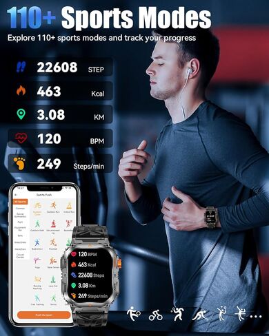 Military Smarty Watch for Men, 2.01" Smartwatch with 1200mAh Battery, Flashlight, Answer/Make Calls, Heart Rate/Sleep Monitor 100+ Sport Modes Fitness Tracker for Android/iPhone in Saudi Arabia