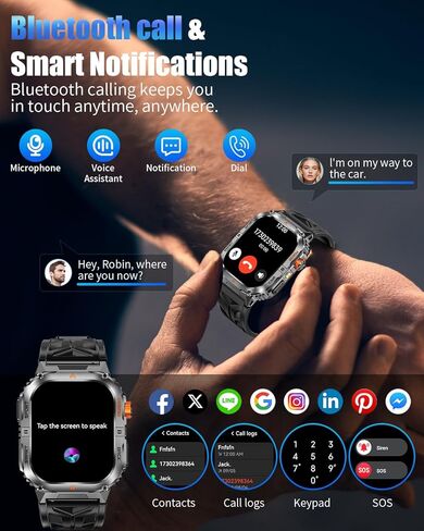 Military Smarty Watch for Men, 2.01" Smartwatch with 1200mAh Battery, Flashlight, Answer/Make Calls, Heart Rate/Sleep Monitor 100+ Sport Modes Fitness Tracker for Android/iPhone in Saudi Arabia