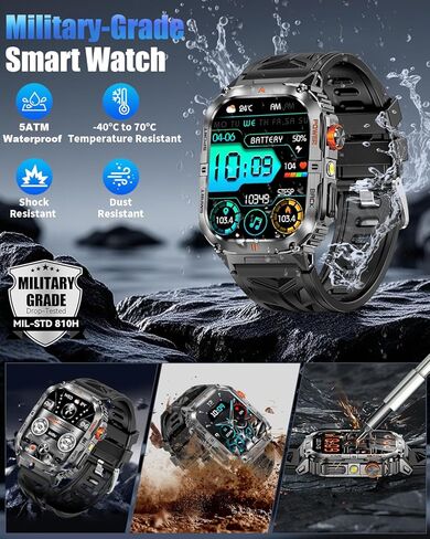 Military Smarty Watch for Men, 2.01" Smartwatch with 1200mAh Battery, Flashlight, Answer/Make Calls, Heart Rate/Sleep Monitor 100+ Sport Modes Fitness Tracker for Android/iPhone in Saudi Arabia