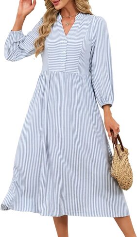 Women's Striped 3/4 Sleeve Button Up Midi Dress V-Neck Casual Loose Shift Dress in Saudi Arabia