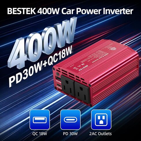 Bestek 400W Car Power Inverter for Vehicles – DC 12v to AC 110v Car Plug Adapter Outlet with PD 30W USB-C &USB-A 3.0 Fast Charging, Car Charger Cigarette Lighter Adapter for Laptop, Road Trip, Camping in Saudi Arabia