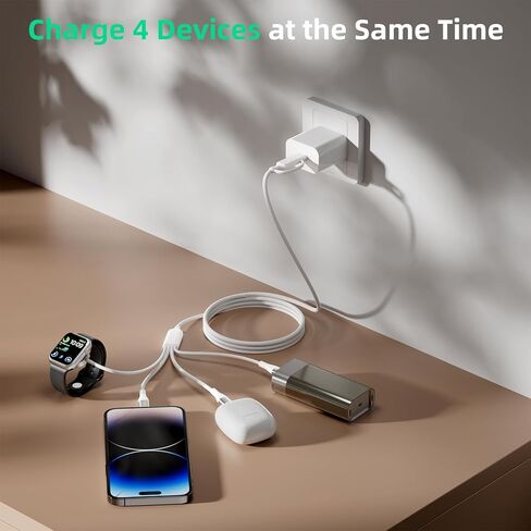 A-Pce لأساسيات السفر، كابل USB C 4 في 2 لشاحن الساعة/لشاحن iPhone 17-11/Android/الهاتف/لأجهزة AirPods، كابل مجدول من النايلون متعدد الشحن، أساسيات التخييم في العطلات (أبيض - 4 أقدام) in Kuwait