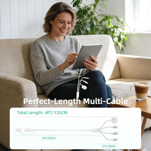 A-Pce لأساسيات السفر، كابل USB C 4 في 2 لشاحن الساعة/لشاحن iPhone 17-11/Android/الهاتف/لأجهزة AirPods، كابل مجدول من النايلون متعدد الشحن، أساسيات التخييم في العطلات (أبيض - 4 أقدام) in Kuwait