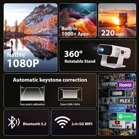 Smart Mini Projector with Wifi & Bluetooth, 220 ANSI 1080P HD, 360° Rotatable Stand, 10000+ Built-in Apps, Portable Home Movie Projector in Saudi Arabia