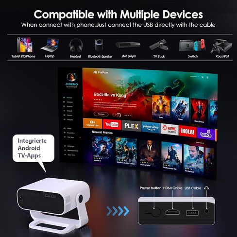 Smart Mini Projector with Wifi & Bluetooth, 220 ANSI 1080P HD, 360° Rotatable Stand, 10000+ Built-in Apps, Portable Home Movie Projector in Saudi Arabia
