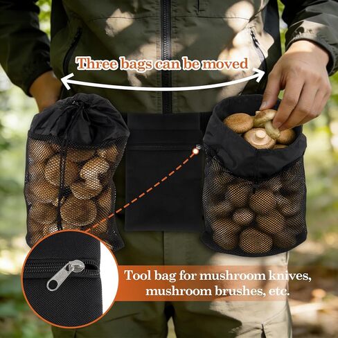 Klmnop Mushroom Foraging Bag with Adjustable Waistband - 2 Foldable Mesh Picking Bags & 1 Zipper Tool Pouch for Collecting Mushrooms, Berries, Rocks, Outdoor Hunting, Camping Hiking Gear in Saudi Arabia