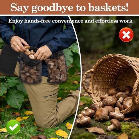 Klmnop Mushroom Foraging Bag with Adjustable Waistband - 2 Foldable Mesh Picking Bags & 1 Zipper Tool Pouch for Collecting Mushrooms, Berries, Rocks, Outdoor Hunting, Camping Hiking Gear in Saudi Arabia