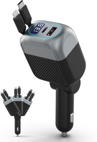 شاحن سيارة قابل للسحب بقدرة 87 وات، محول سيارة شحن USB C سريع 4 في 1 مع كابل من النوع C بقدرة 45 وات لهاتف iPhone 17/16 Pro Max وSamsung، وكابل Lightning بقدرة 12 وات لهاتف iPhone 14، وإكسسوارات السيارة الأساسية للسفر in Kuwait