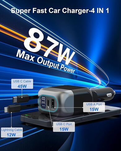 شاحن سيارة قابل للسحب بقدرة 87 وات، محول سيارة شحن USB C سريع 4 في 1 مع كابل من النوع C بقدرة 45 وات لهاتف iPhone 17/16 Pro Max وSamsung، وكابل Lightning بقدرة 12 وات لهاتف iPhone 14، وإكسسوارات السيارة الأساسية للسفر in Kuwait
