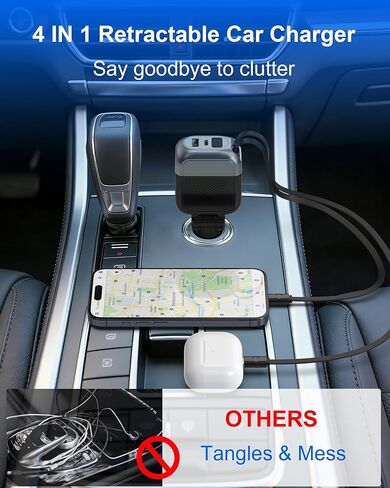 شاحن سيارة قابل للسحب بقدرة 87 وات، محول سيارة شحن USB C سريع 4 في 1 مع كابل من النوع C بقدرة 45 وات لهاتف iPhone 17/16 Pro Max وSamsung، وكابل Lightning بقدرة 12 وات لهاتف iPhone 14، وإكسسوارات السيارة الأساسية للسفر in Kuwait