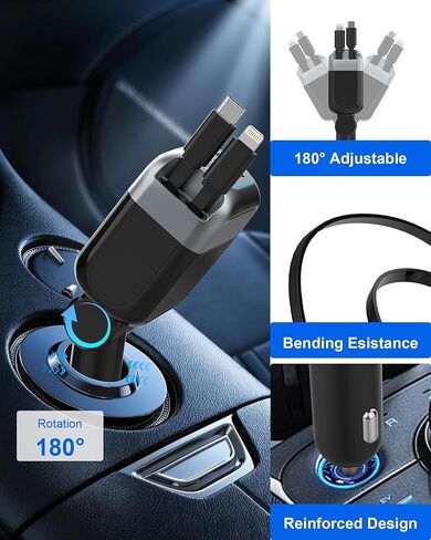 شاحن سيارة قابل للسحب بقدرة 87 وات، محول سيارة شحن USB C سريع 4 في 1 مع كابل من النوع C بقدرة 45 وات لهاتف iPhone 17/16 Pro Max وSamsung، وكابل Lightning بقدرة 12 وات لهاتف iPhone 14، وإكسسوارات السيارة الأساسية للسفر in Kuwait