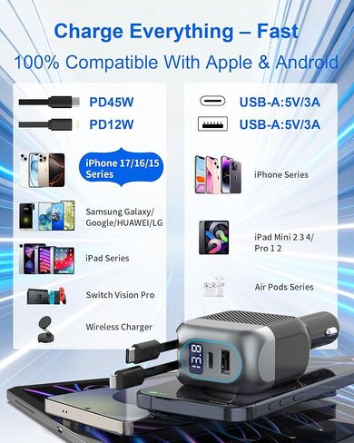 شاحن سيارة قابل للسحب بقدرة 87 وات، محول سيارة شحن USB C سريع 4 في 1 مع كابل من النوع C بقدرة 45 وات لهاتف iPhone 17/16 Pro Max وSamsung، وكابل Lightning بقدرة 12 وات لهاتف iPhone 14، وإكسسوارات السيارة الأساسية للسفر in Kuwait