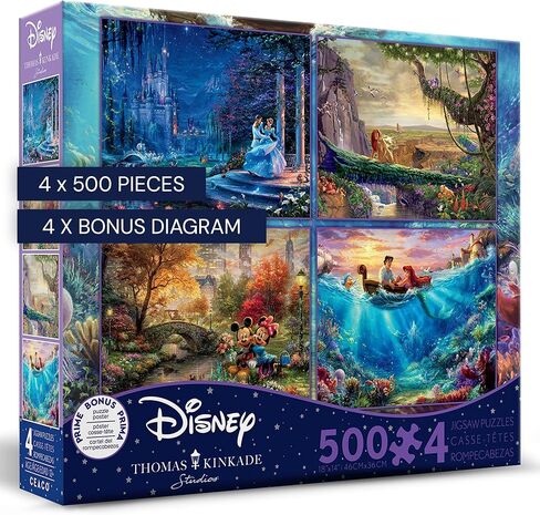 Ceaco - 4 in 1 Multipack - Thomas Kinkade - Disney Dreams Collection - Cinderella, The Lion King, Mickey and Minnie, & The Little Mermaid - (4) 500 Piece Jigsaw Puzzles , Blue in Kuwait